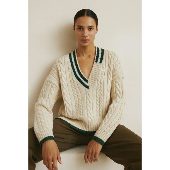 Zara Women’s Cable Knit Sweater Size L Ecru Green Striped Preppy Tennis - Picture 1 of 11